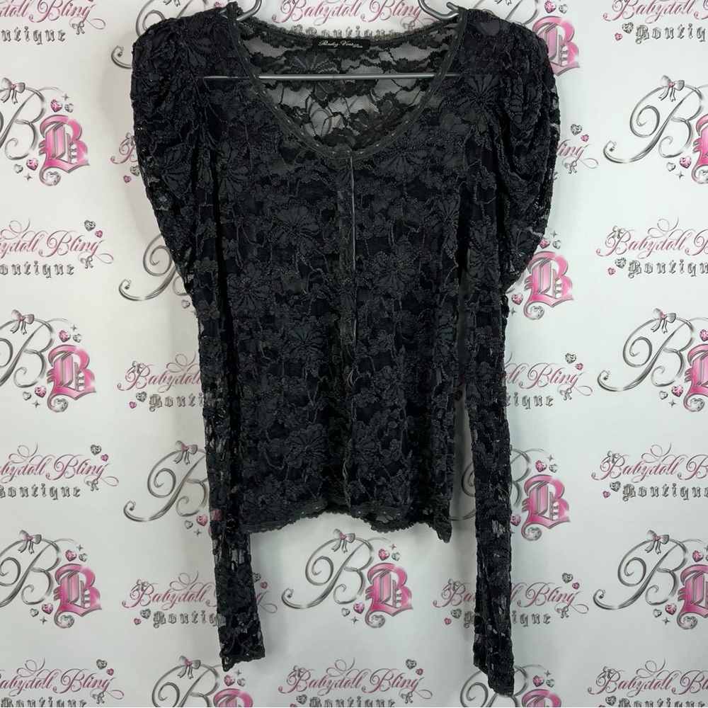 Rendez vous Paris lace puff shoulder vintage Lacie floral Chic Black Lace Blouse